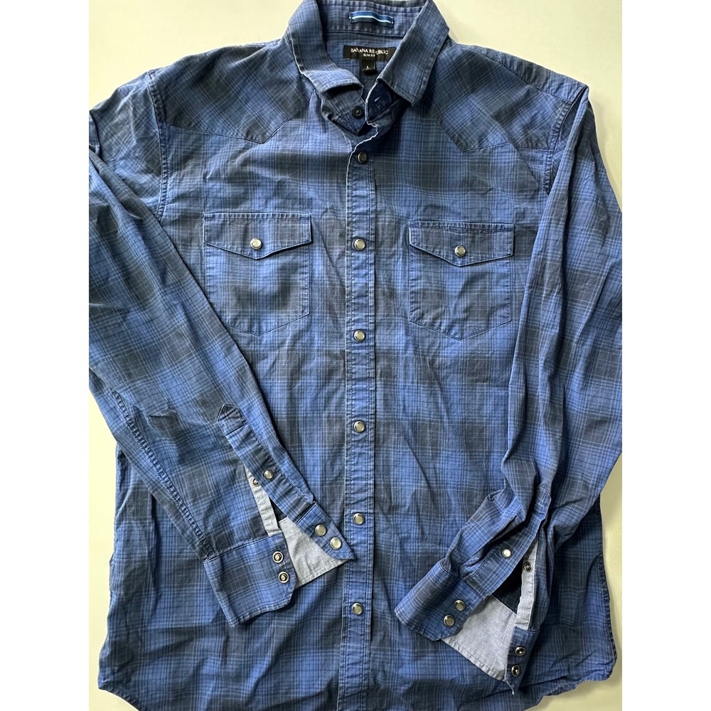 Banana Republic Mens Slim Fit Western Shirt Blue Plaid Pearl Snap Large L